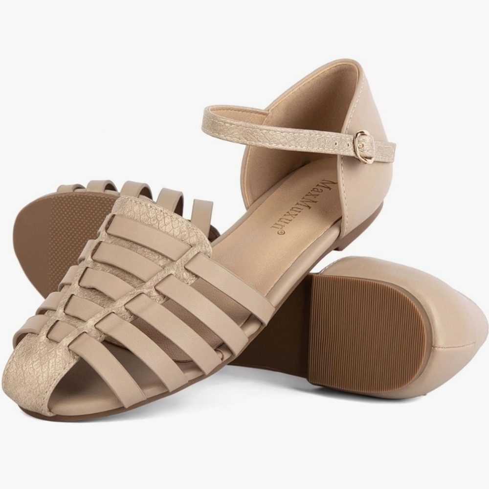 MaxMuxun Women's Cream Closed Toe Flat Cage Sandals Sz 8